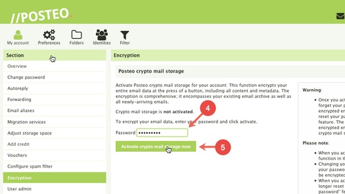 Posteo crypto mailstorage: Activating Step 4-5